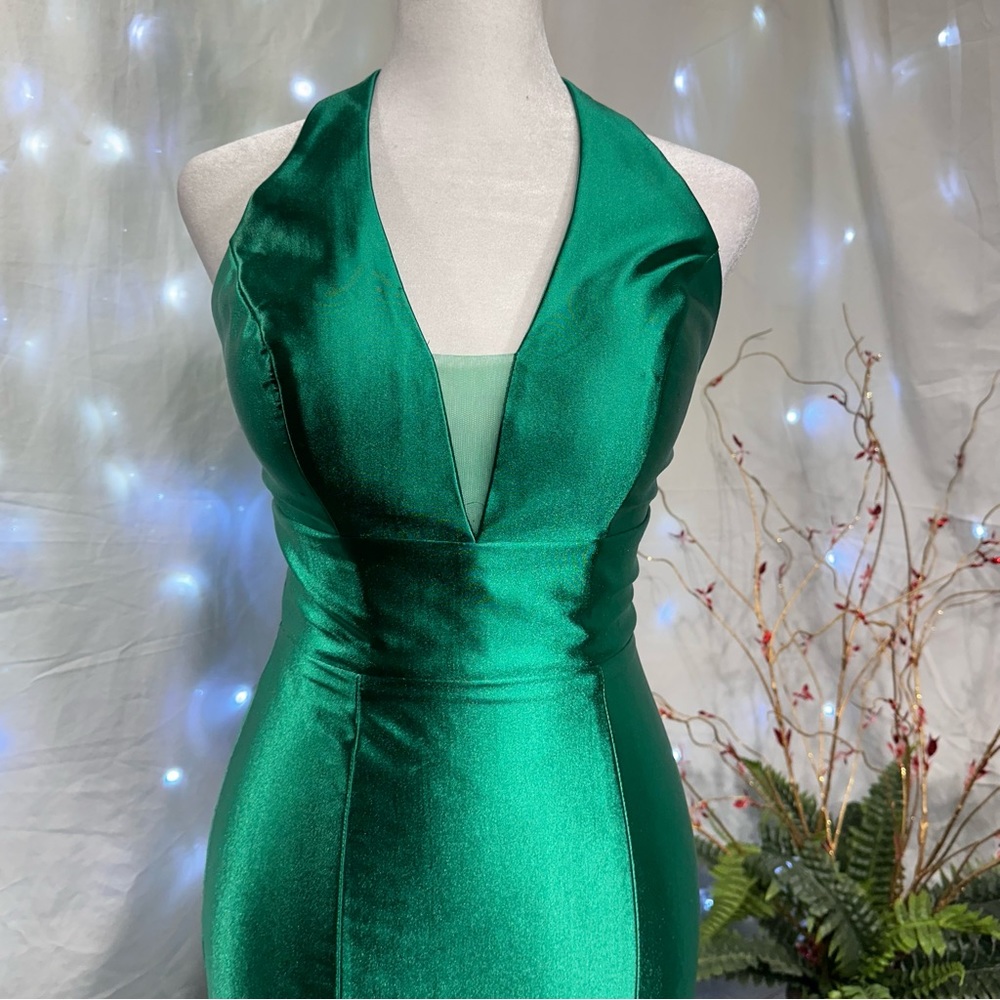 May Queen Emerald Green Satin Halter Mermaid Prom Dress - Picture 2 of 4